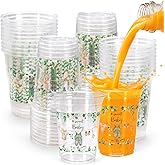 Whaline 50 Pcs Greenery Baby Shower Plastic Cups 16oz Eucalyptus Clear Drinking Cups Gender Reveal Disposable Cup for Birthday Party Table Decoration Supplies