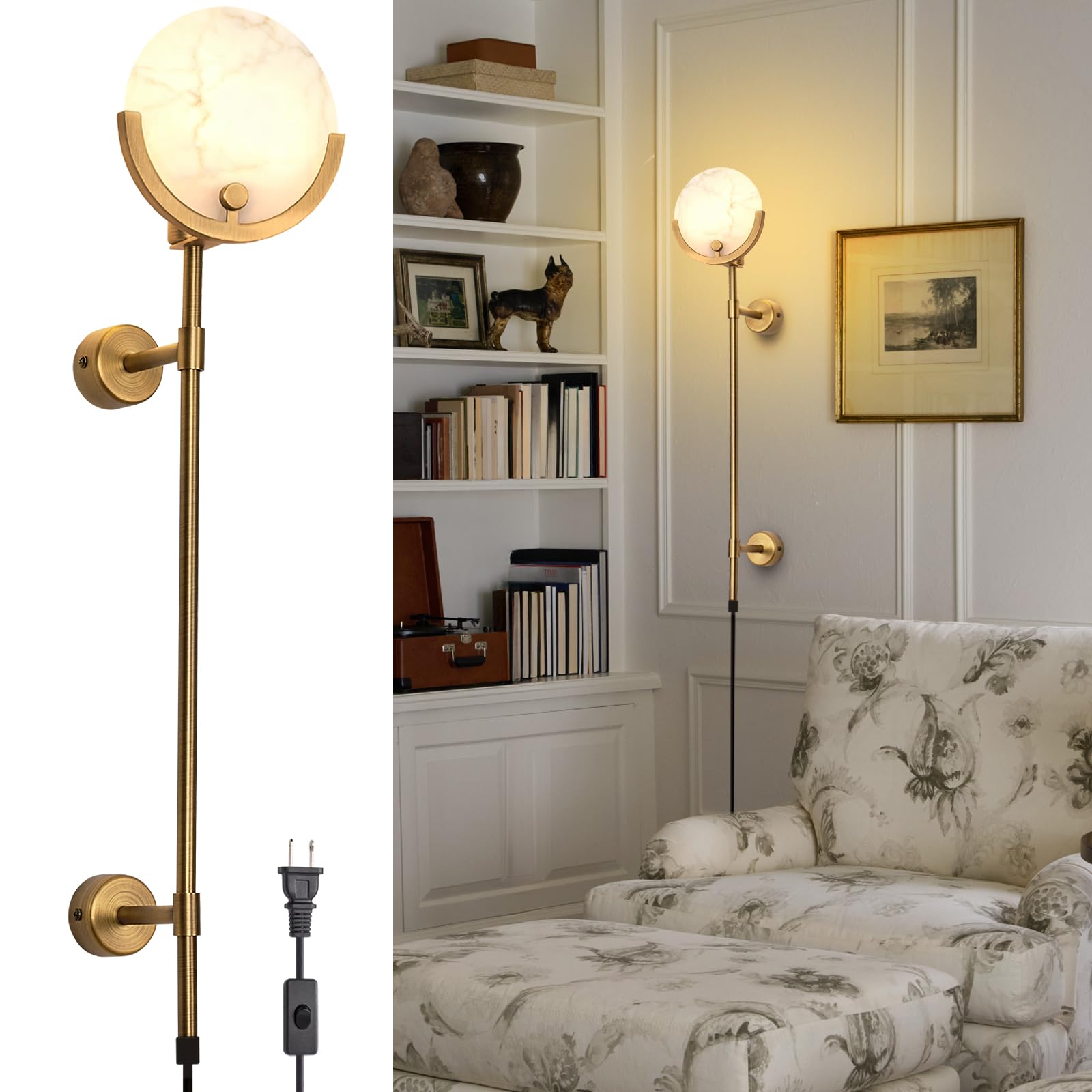 Photo 1 of ylinksee Alabaster Round Wall Sconce, Plug in Wall Light Fixtures, Modern Natural Marble LED Alabaster Sconces for Living Room Indoor Wall Lamps for Dining Room Stairs Bedroom,Brushed Gold E12