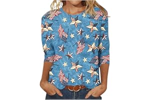HUNENY American Flag Shirt Women 4th of July Star Striped Print 3/4 Length Sleeve Crewneck Patriotic Shirts Holiday Tops