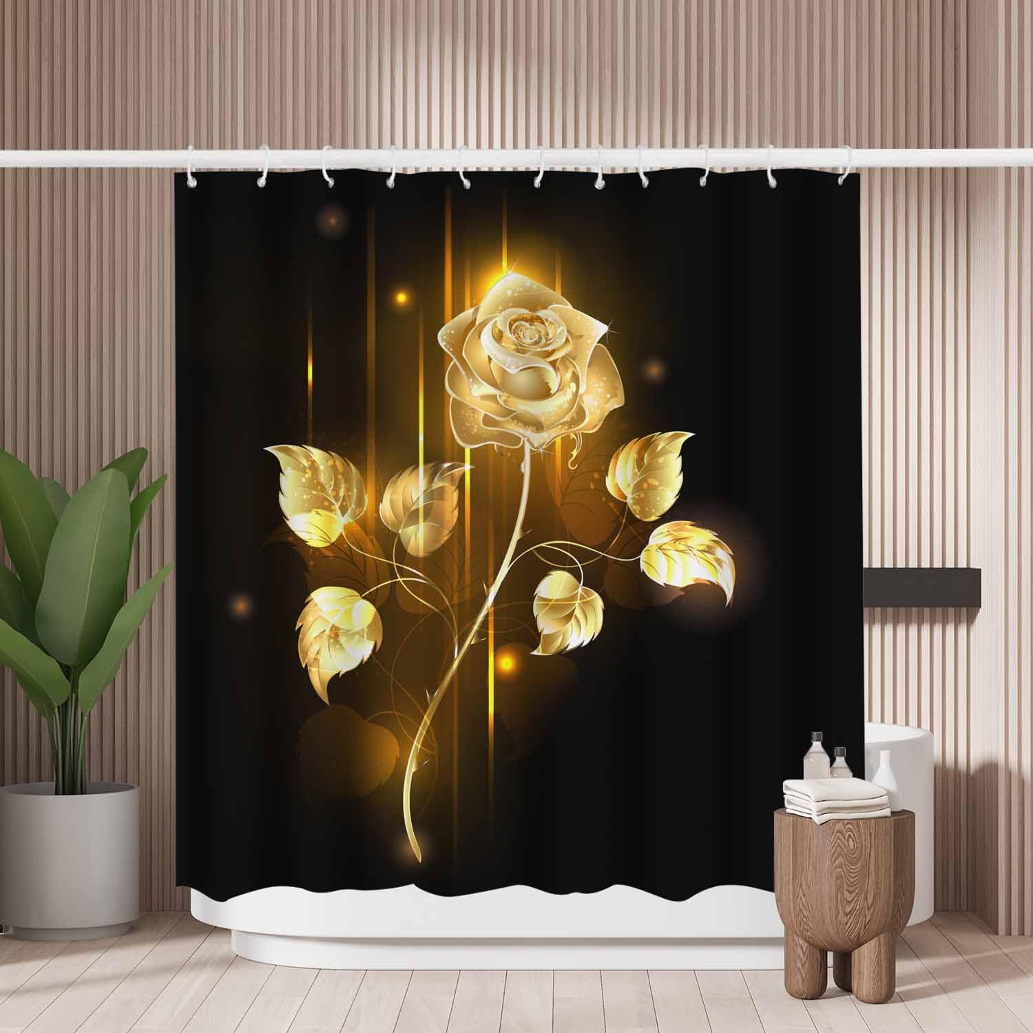 Woutay Shower Curtain Mould Proof Resistant Gold Rose,Water Repellant Fabric,Polyester,with 12 Plastic Hooks