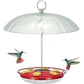 Kingsyard Weatherproof Hummingbird Feeder for Outdoors Hanging - Heavy Duty Metal lid with 6 Bee Guard Feeding Ports & Circular Perch, Built-in Ant Moat, Easy to Refill & Clean (12oz/Red)