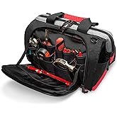 Pnochoo Tool Bag, Waterproof Tool Bags for Men or Women, 16-inch Wide Mouth Tool Bag Organizer with 25 Pockets for Tool Storage Bag, with Adjustable Shoulder Strap (Black/Red)