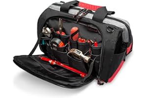 Pnochoo Waterproof Tool Bags for Men or Women, 16-inch Wide Mouth Tool Tote Bag with 25 Pockets for Tool Organizer & Storage, with Adjustable Shoulder Strap (16IN, Black/Red)