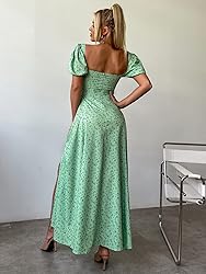 Women's Summer Puff Sleeve Floral Split Maxi Dress