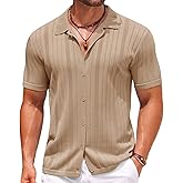 COOFANDY Mens Knit Button Down Shirts Crochet Polo Shirts Vintage Short Sleeve Textured Shirts Summer Beach Tops
