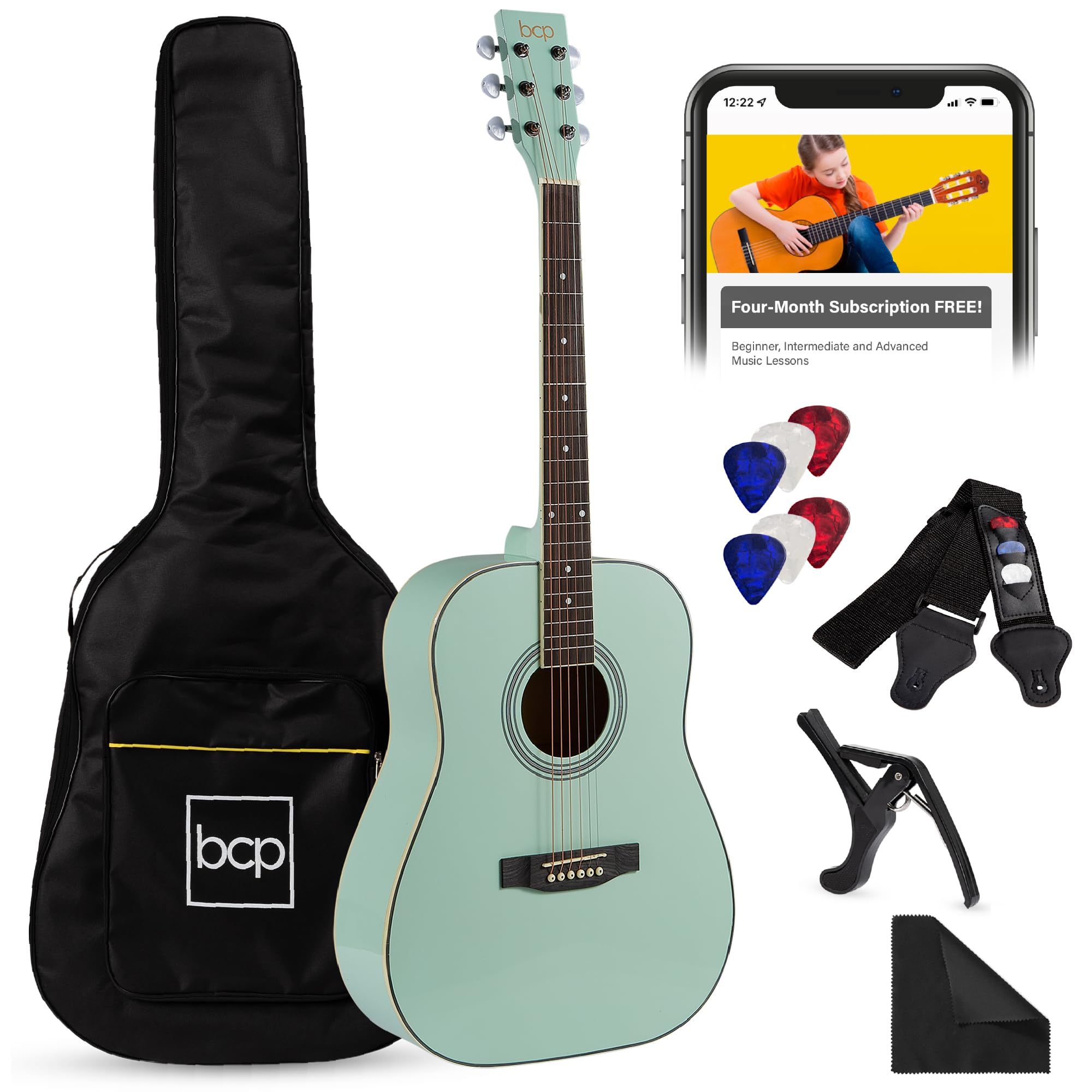 Best Choice Products 41in Full Size Beginner All Wood Acoustic Guitar Starter Set w/Gig Bag, Strap, Capo, Strings, Picks - SoCal Green Image
