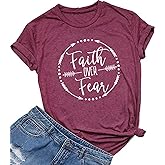 Faith Over Fear Arrow Letters Print T Shirt Women Short Sleeve V Nece Christian Tops Tee Blouse