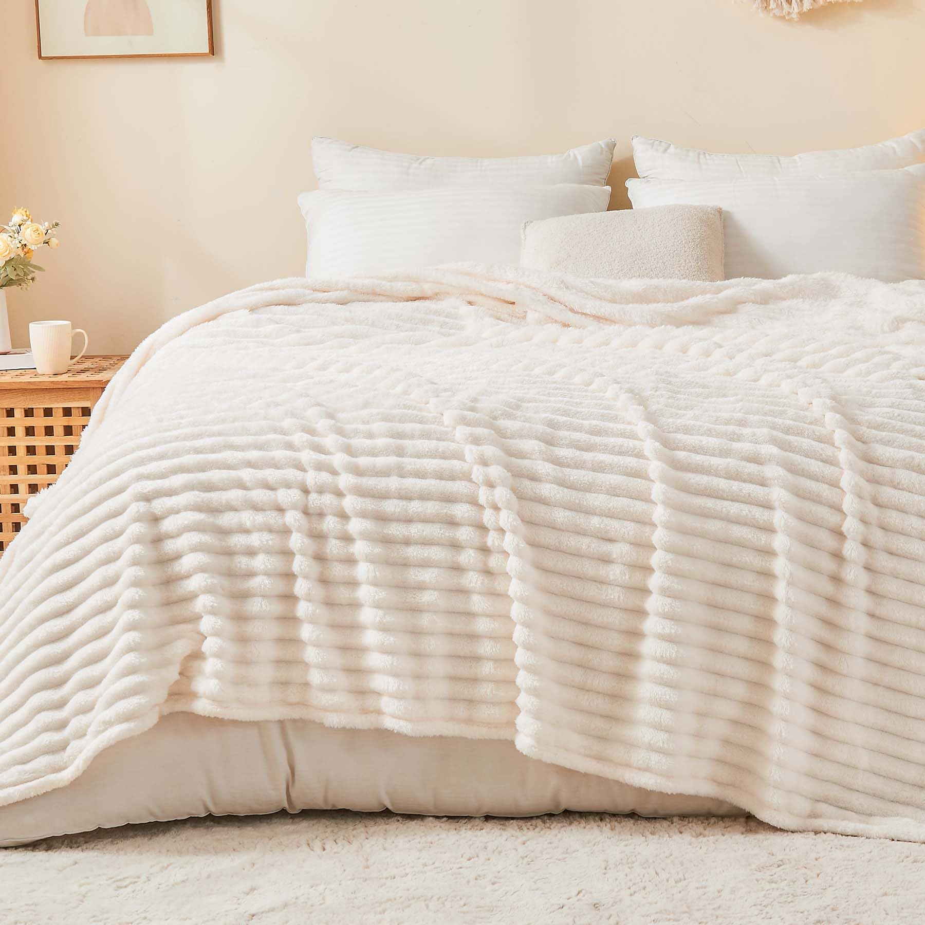 BEDELITE Blankets Queen Size for Bed, 300GSM Soft & Warm Fleece Blanket, Decorative and Giftable Striped Cream White Blankets for Women, Men, 90"x90" Image BEDELITE Blankets Queen Size for Bed, 300GSM Soft & Warm Fleece Blanket, Decorative and Giftable Striped Cream White Blankets for Women, Men, 90"x90" Image