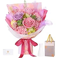 Preserved Flowers Bouquet 3 Roses - Pink Real Rose & Flowers for Delivery, Long-Lasting Flower with Gift Box, Eternal Roses B