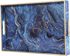 Zosenley Decorative Tray, Marbling Plastic Tray with Handles, Rectangular Vanity Tray and Serving Tray for Bathroom, Kitchen, Ottoman and Coffee Table, 15.6” x 10.2”, Blue