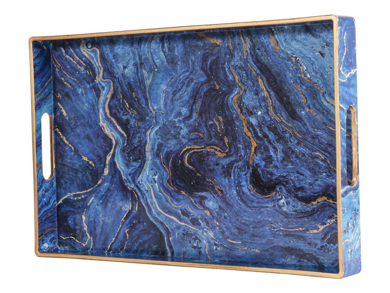 Simmer Stone Decorative Tray, Marbling Plastic With Handles, Rectangular Vanity And Serving For Bathroom, Kitchen, Ottoman And Coffee Table, 15.6” x 10.2” (Marbling Blue)