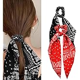 Red Bandana Hair Scrunchies for Women Black Paisley Print Hair Bow Ribbons for Ponytail Holders Hair Accessories for Girls Elastic Hair Ties with Ribbon Hair Scrunchy Bandanas Bowknot Hair Ropes 2PCS