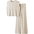 Faleave Women's 2 Piece Outfits Sweater Sets Knit Pullover Tops Sleeveless Vest Wide Leg Pants Lounge Sets Tracksuit