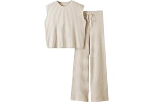 TIQOJE Womens 2 Piece Outfits Sweater Set Sleeveless Knit Pullover Top High Waisted Pants Tracksuits