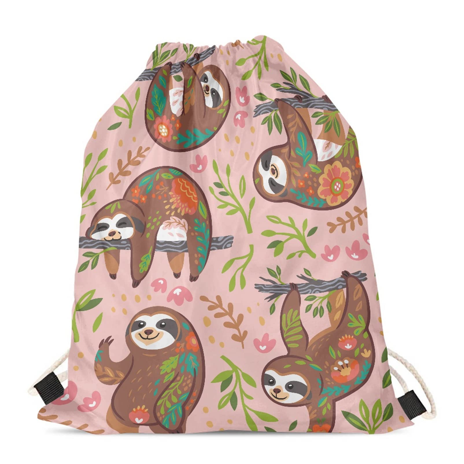 BYCHECAR Pink Sloth Bag for Girls Gifts Swim Dance Flower Drawstring Backpack Women Kids Gym Sack Cinch Bags Sport Travel String Pouch Storage