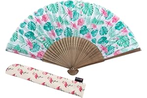 Salutto Palm Leaf Hibiscus Tropical Summer Hand Fan Hawaiian Accessory with Fan Cover