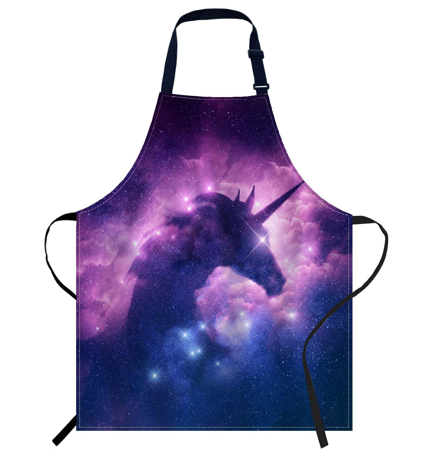 Smooffly Unicorn Space Stars Purple Pink Apron Unisex Adjustable Bib Apron Cooking Kitchen Chef Women Men Aprons for Home Kitchen, Restaurant,Coffee House,Shop,Garden — image 1