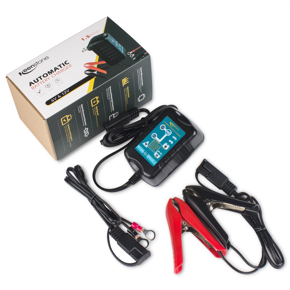 Keenstone Automotive Trickle Battery Charger Maintainer 6V&12V 1.5Amp, 4-Step Charging for Auto Car Motorcycle Lawn Mower SLA ATV AGM GEL CELL Lead Acid Batteries