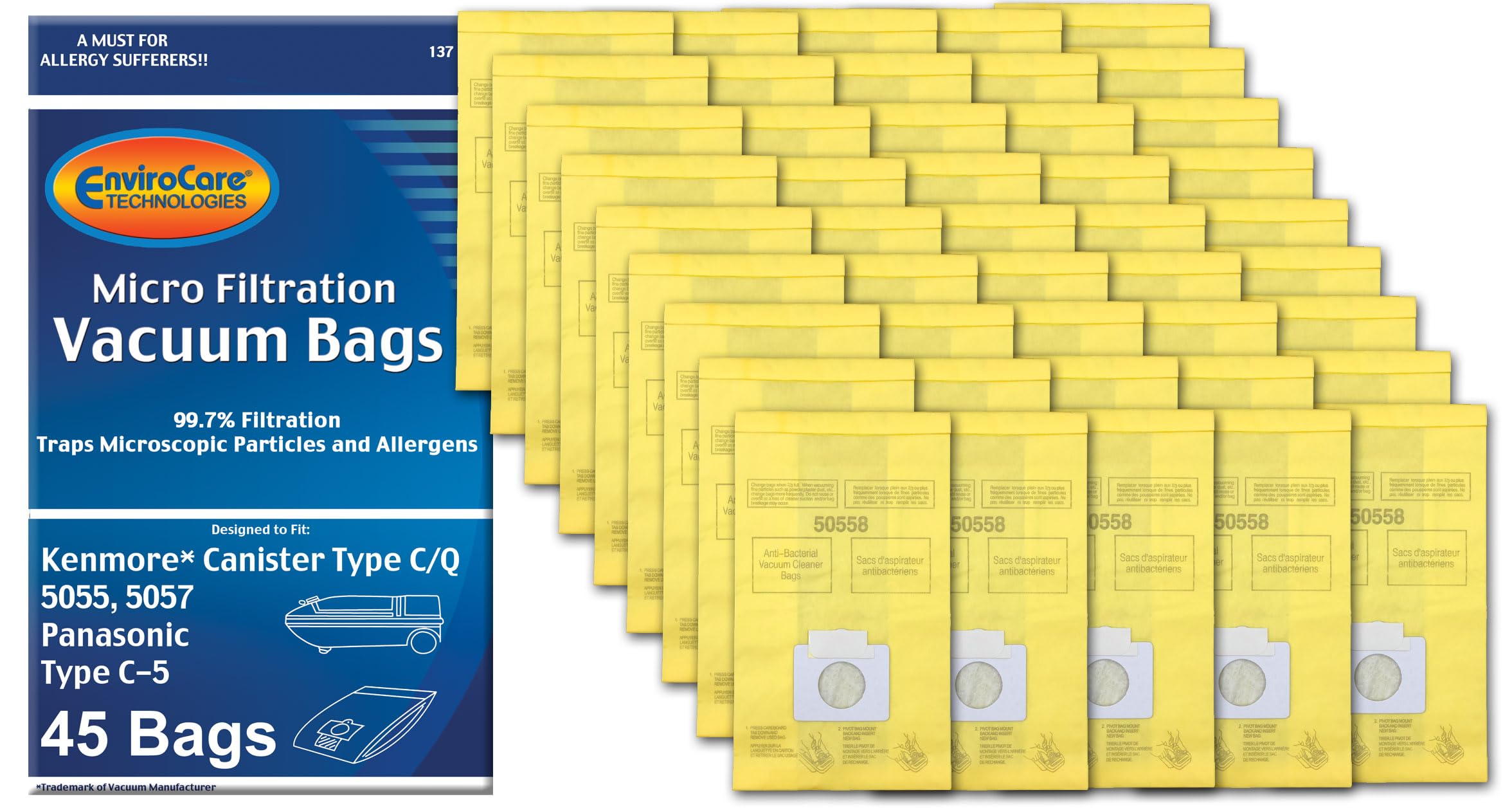 Envirocare Premium Replacement Multi-layer Micro Filtration Vacuum Bags Compatible with Kenmore Canister Vacuums Type C/Q. 5055, 50557 and 50558 Panasonic Type C-5, 45 pack Image