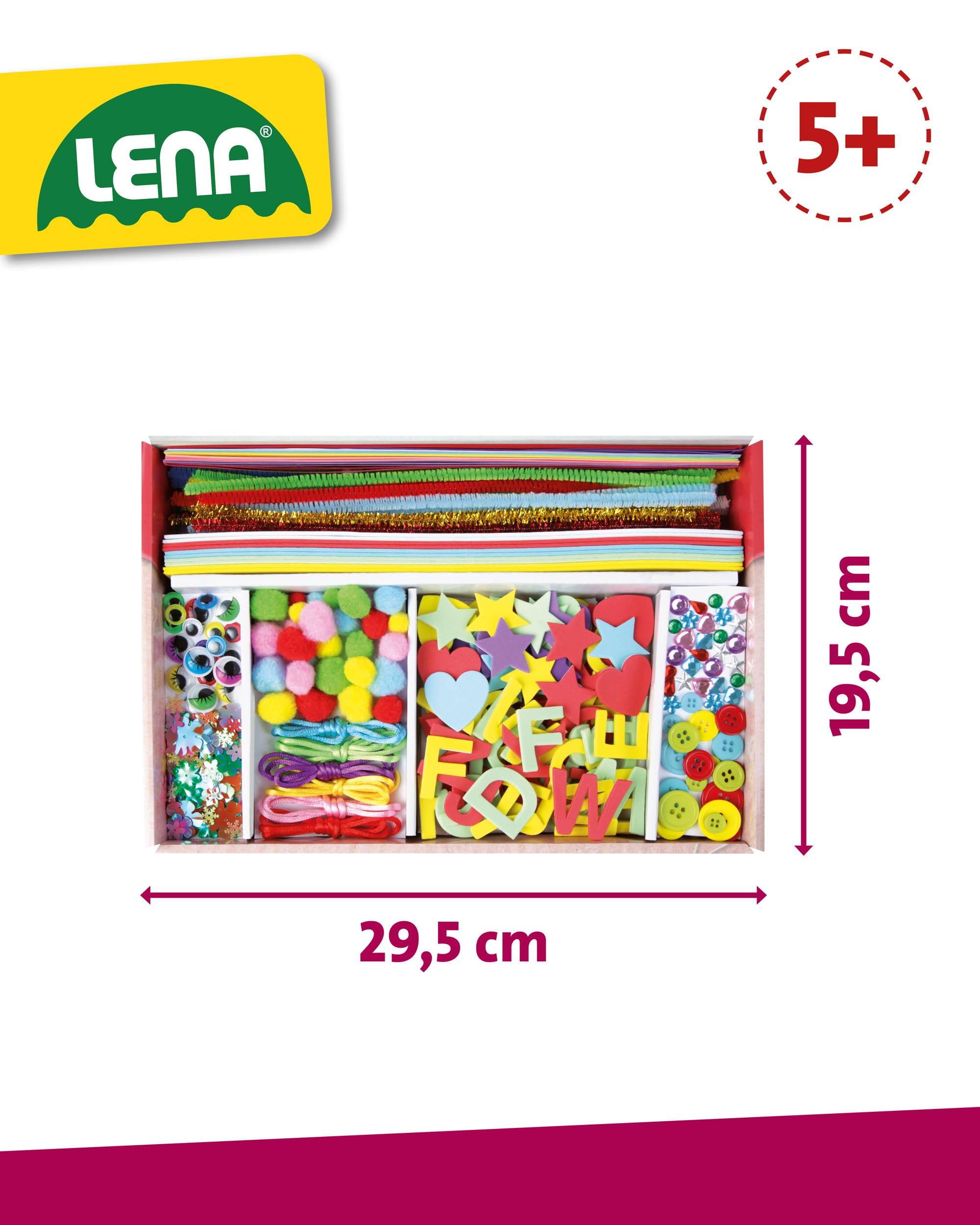 Lena Bastelkoffer mit 400 Teilen, Bastelset bestehend aus Papier, Moosgummi, Pfeifenreiniger, Strasssteine, Wackelaugen, Pompons und Knöpfe, Pink & Lila, geeignet für Kinder ab 5 Jahren 4