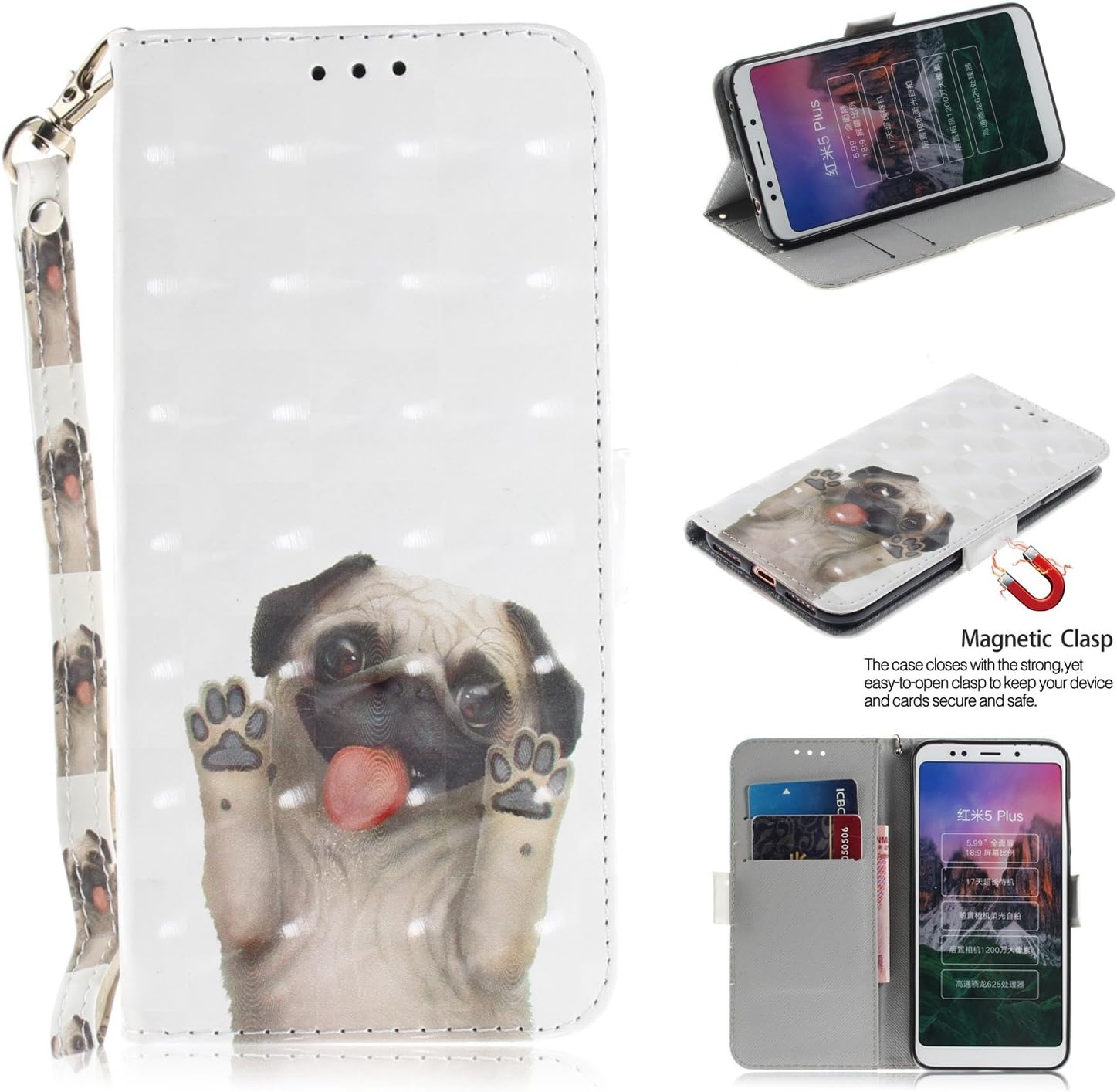 LNLYY for Xiaomi Redmi 5 Plus Case PU Leather Wallet Magnetic Cover Skin (Pug)
