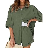 Ekouaer Waffle Knit Lounge Sets for Women Short Sleeve Pajamas Button Down Pjs Oversized Loungewear Shorts Set