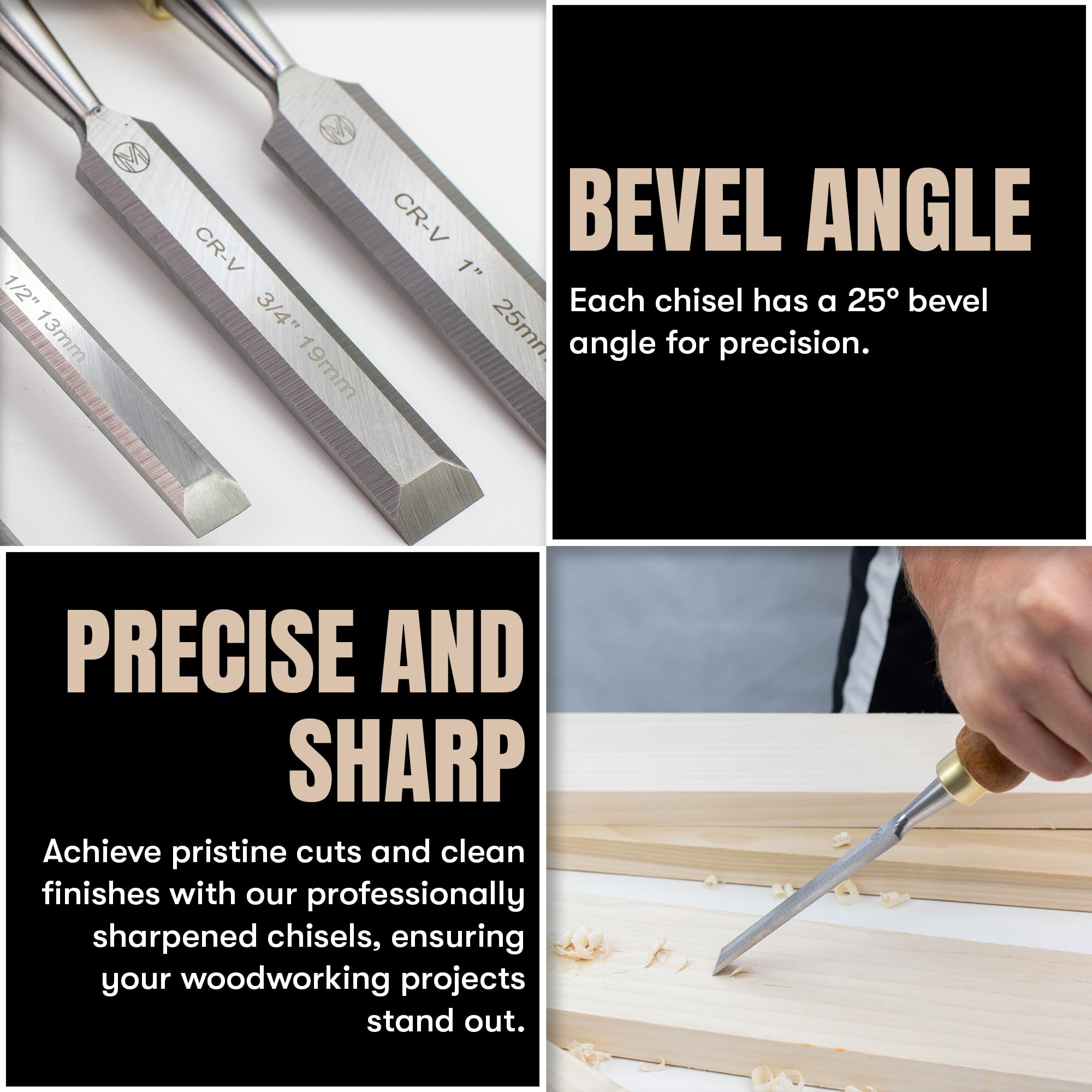 Mt Diablo Woodworking Tools 4 Piece Chisel Set - Premium CV60 Steel Wood Chisel Sets with Ergonomic Handles, Includes 1/4