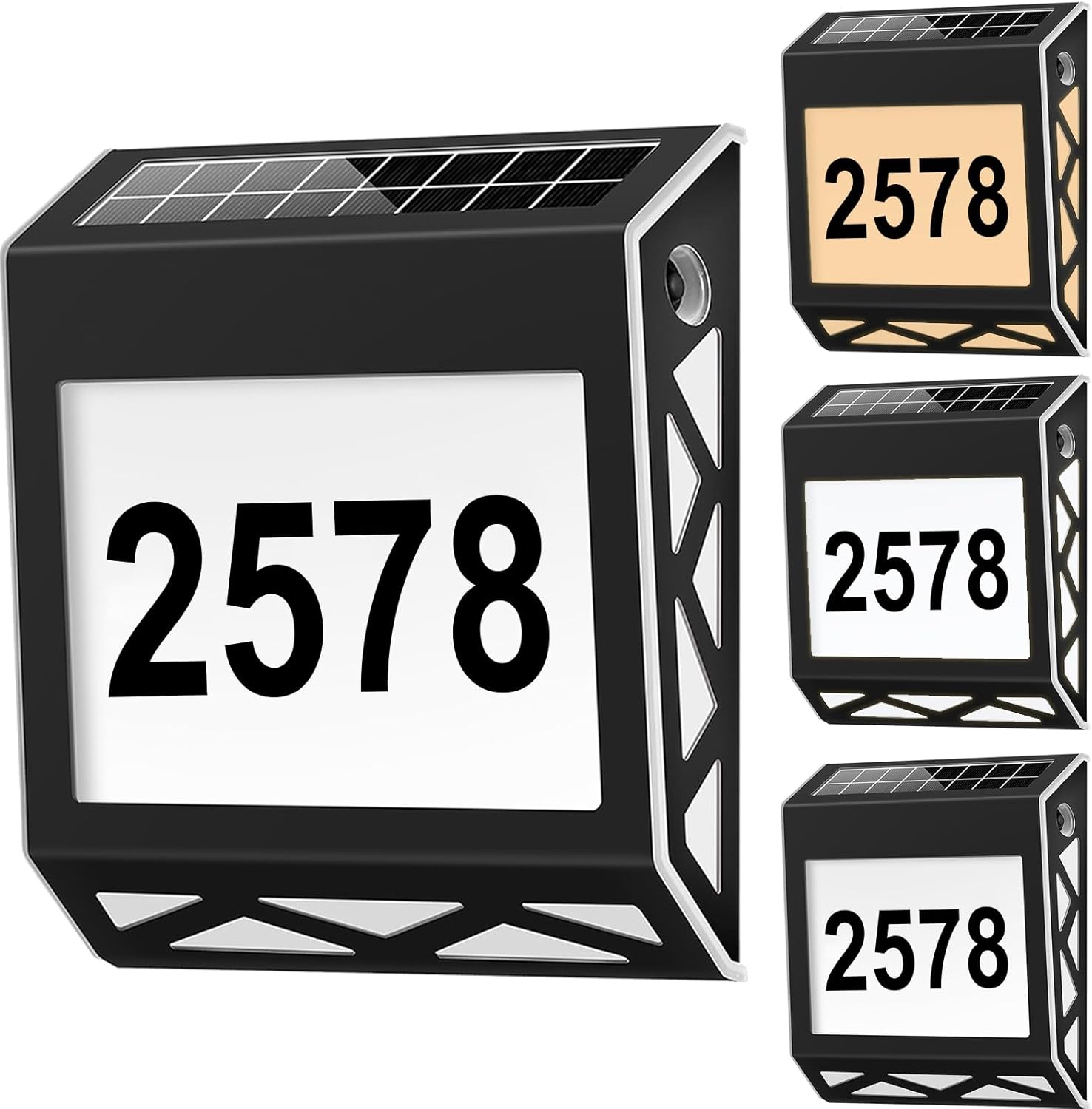 Plaques & Wall Art - Solar House Numbers for Outside Address Sign, 3 Lighting Modes Waterproof LED Illuminated Address Plaques House Numbers Sign, Smart Switch Address Numbers for House, Home Yard, Outdoor Walls(Black)