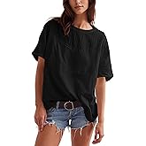 Yidarer Women Summer Oversized Lace Cotton Tops Crew Neck Short Sleeve Cute Shirts Casual Boho Crochet Blouses