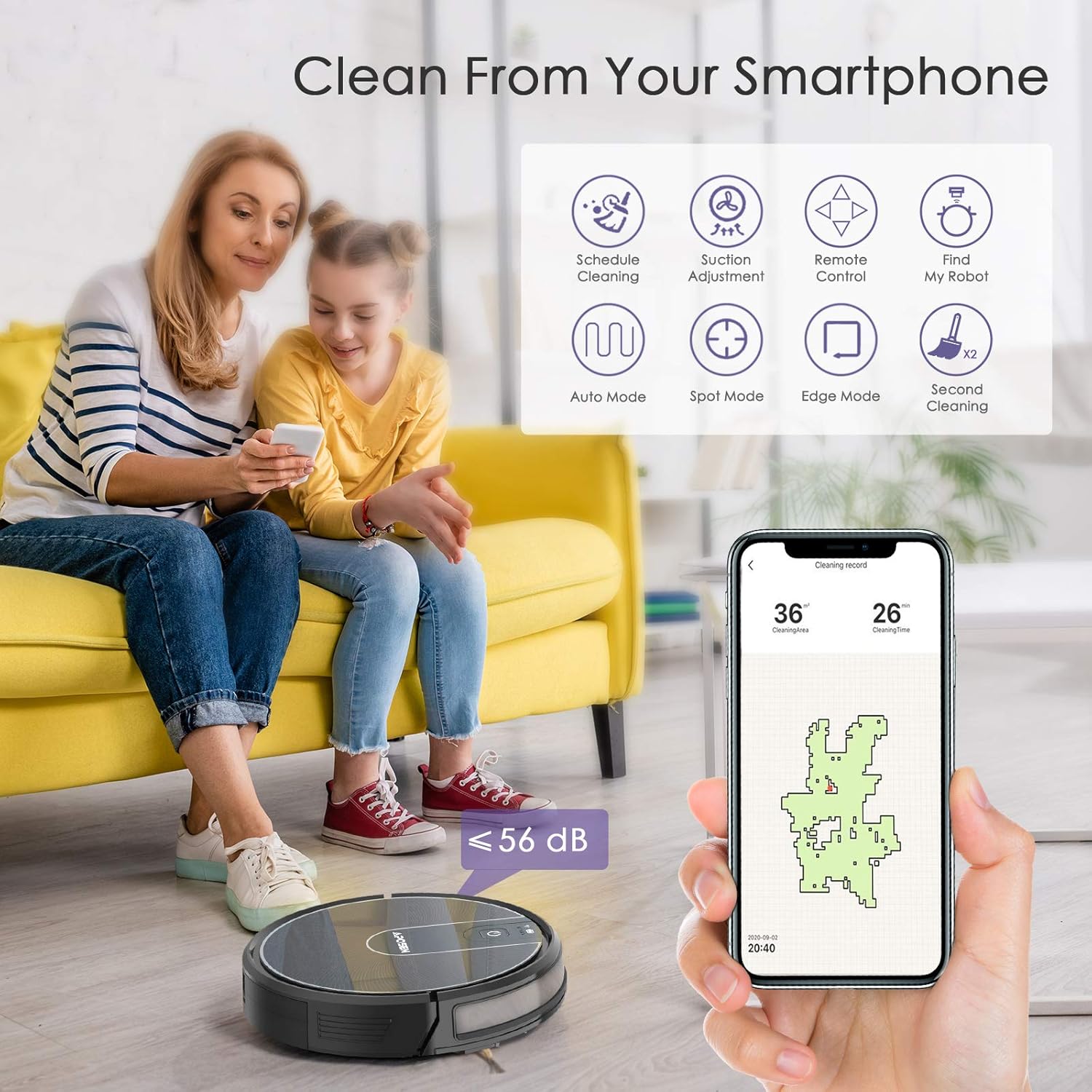 APOSEN Robot Vacuum, Smart WiFi Mapping Robot Vacuum Cleaner, 2200Pa Strong Suction But Quiet Robotic Vacuum Cleaner with Self Charging, Ideal for Pet Hair, Carpet, Hard Floor -