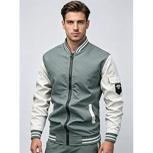 Men's Color Block Varsity Bomber Jacket - Lightweight Monogram Print Baseball Jacket