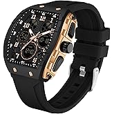 Mens Watches Unique Watches for Men Digital Waterproof Watch Sports Alarm Stopwatch Tonneau Design Punk Analog Wrist Watch Calendar Dual Time Display Silicone Band