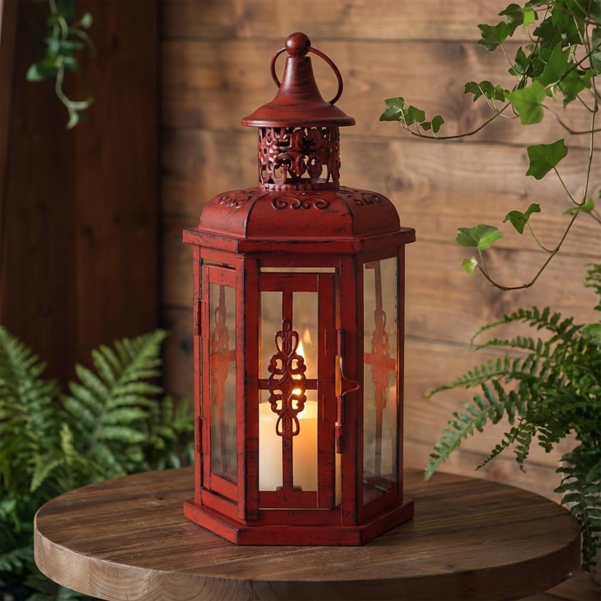 JHY DESIGN Decorative Lantern 25cm High Vintage Hanging Candlesticks Metal Candle holder with Glass for Indoor Outdoor Events Parities and Weddings (Rust Red with Black Brush)