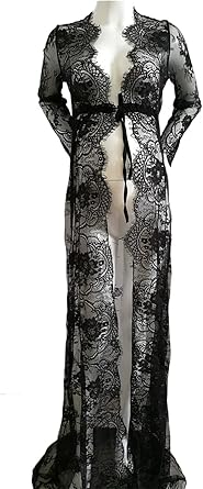 Women Long Sleeve Lace See Through Maxi Dress Matenity Gown Floor