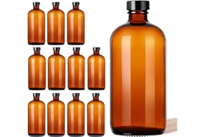 Deffdns 12 Pack 16 oz Amber Boston Round with Black Poly Cone Cap,Reusable Brown Glass Bottles for Secondary Kombucha Fermentation,Homemade Essential Oils,Lab Chemicals