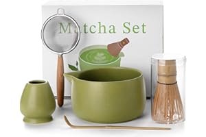 JARDIN TESORO 20OZ Matcha Whisk Set - 5PCS Japanese Tea Set Includes Matcha Bowl with Spout, Bamboo Whisk with Ceramic Holder, Bamboo Scoop and Sifter, Matcha Kit for Ceremony, Gift for Matcha Lovers (Matcha Green)