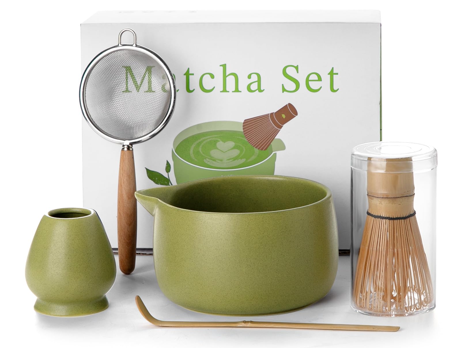 Photo 1 of 20OZ Matcha Whisk Set - 5PCS Japanese Tea Set Includes Matcha Bowl with Spout, Bamboo Whisk with Ceramic Holder, Bamboo Scoop and Sifter, Matcha Kit for Ceremony, Gift for Matcha Lovers (Matcha Green)