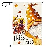 Hello Fall Garden Flag Polka Dots Gnome Garden Flags 12x18 Inch Double Sided Burlap, Autumn Seasonal Wildflowers Decor For Seasonal Holiday Farmhouse Yard Outdoor Decorations