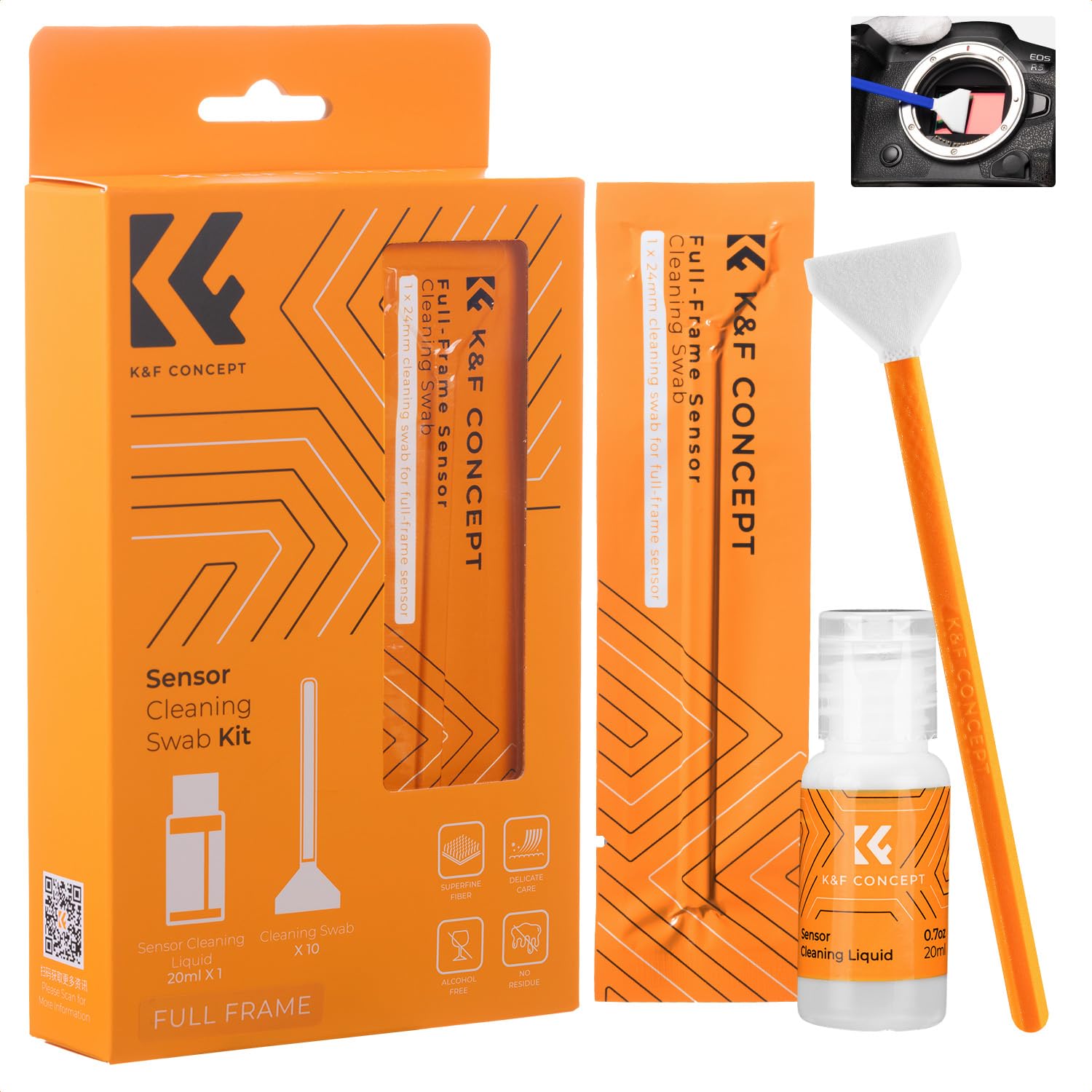 K&F CONCEPT 24mm Full Frame Sensor Cleaning Swab*10 + 20ml Sensor Cleaner, DSLR SLR Digital Camera Sensor Cleaning Swab for Reflex and Mirrorless Digital Camera CCD and CMOS Sensors