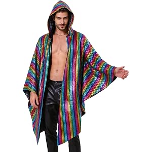 EFOWAY Mens Disco Metallic Hooded Cape Shiny Batwing Sleeve