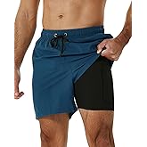 SILKWORLD Mens Swimming Trunks with Compression Liner 2 in 1 Quick-Dry Swim Shorts with Zipper Pockets