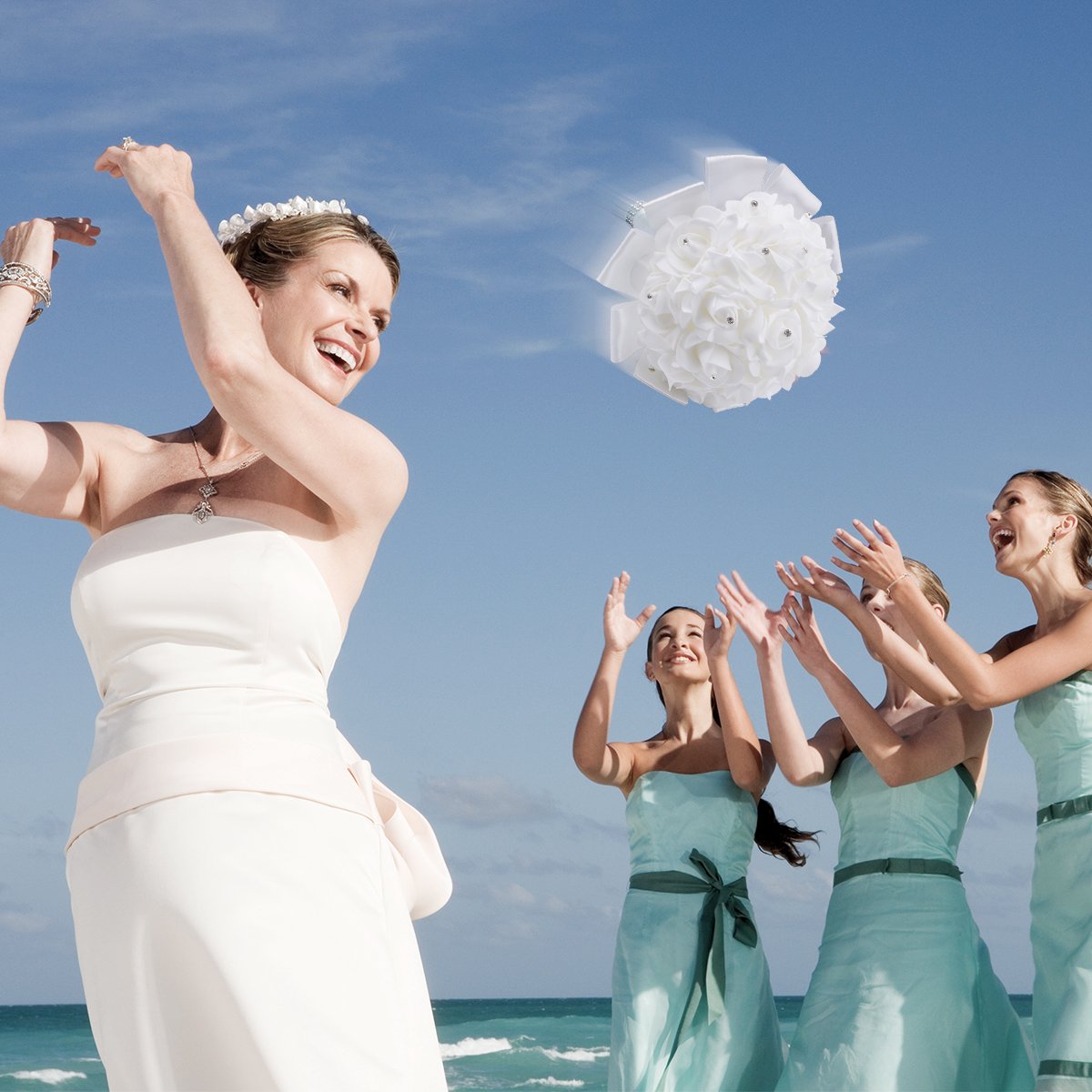 TrueLoveGift Wedding Bouquet, White Bouquet for Bride Bridesmaids with Diamond Soft Ribbons Artificial Rose Bridal Holding Flowers for Wedding, Party and Church