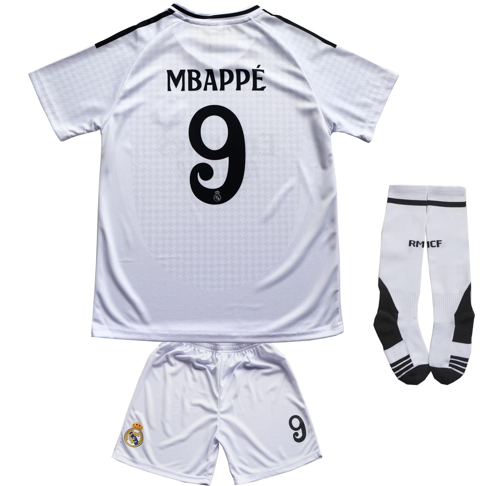 Photo 1 of Pitch and Trek Mbappe Madrid 24/25 Home Kids Soccer Jersey Shirts Football Futbol Socks Gift Set Youth Sizes(White 9,28)