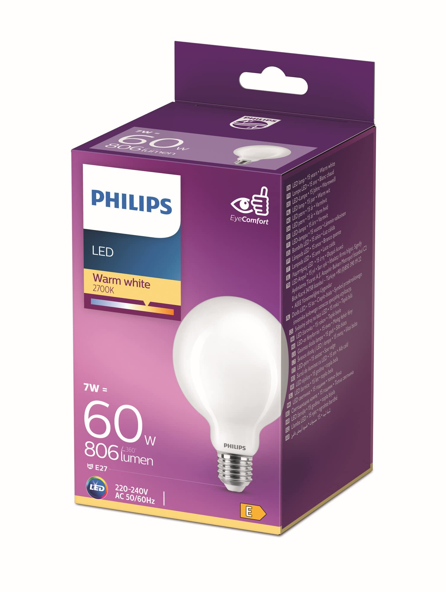 Philips LED Premium Frosted G93 Globe Light Bulb [E27 Edison Screw] 7W - 60W Equivalent, Warm White (2700K), Non Dimmable