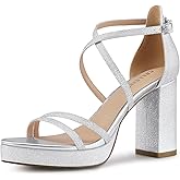 CELLENZ Women Strappy Platform Heels: 3.4 Inch Chunky Heeled Sandals, Comfortable Sexy Block High Heels, for Prom Party Bridal Wedding Black White Silver Nude Dressy Shoes