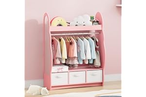 NACHES Kids Armoire with Mirror, Dress up Closet with Storage Bins and Shelves, Princess and Costumes Wardrobe for Bedroom, Kids Room (Cloud-3-Pink)