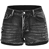 THUNDER STAR Ripped Jean Shorts for Women Mid Rise Frayed Raw Hem Stretchy Denim Shorts