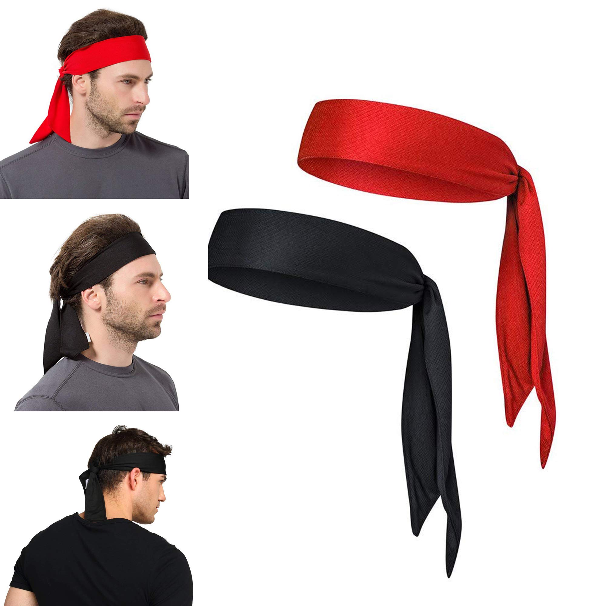 Yizhet Sports Headband, 2 Pcs Head Tie Unisex for Men and Women, Non-Slip Head Bands Red & Black, Pirate Bandana for Running, Tennis, Cycling, Yoga