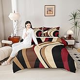 Black Red Brown Comforter Set Queen Size Vintage Abstract Stripes Bedding Set for Kids Girls Women Adult Bedroom Decor Geometric Circle Waves Quilt Set Soft Polyester Duvet Insert 3pcs