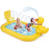 Jenaai 63" Splash Pad for Toddlers 1-3, Inflatable Duck Sprinkler with Hoop | 3-in-1 yellow duck splash pad with basketball hoop, durable baby water play mat &amp; sprinkler pool for backyard summer fun